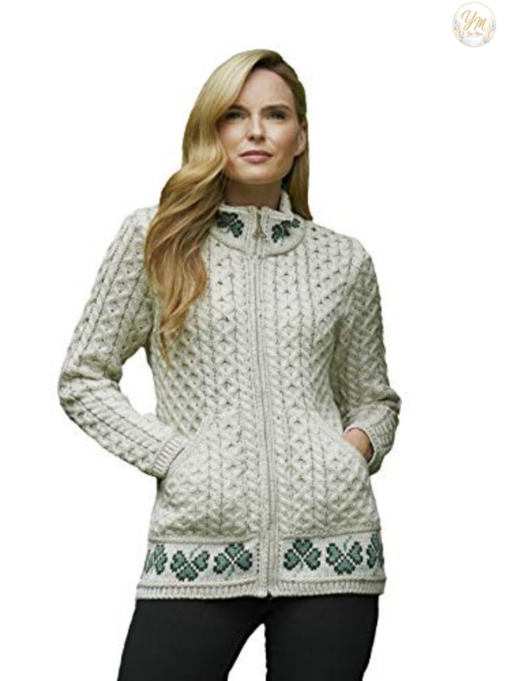 Women's Cable Knit Zip Cardigan 100% Merino Wool Long Sleeve